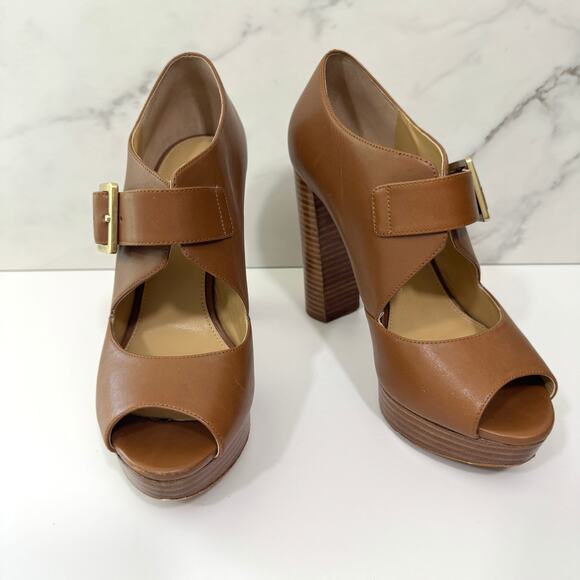 Michael MIchael Kors Women Eleni Size 7 Leather Peep Toe Platform Heel Shoes Tan - Picture 1 of 10